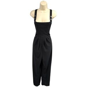 HALARA Black Textured Overall Jumpsuit Wide Leg Pockets Button Detail Size M